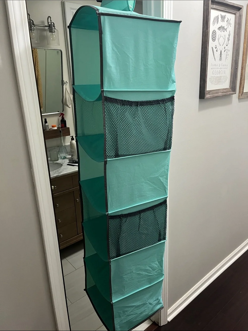 Foldable Turquoise Hanging Closet Organizer - 6-Tier Fabric Shelves